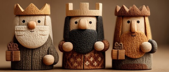 Handcrafted wooden Three Wise Men figurines with gifts, carved and painted in a rustic style for Christmas decoration Generative AI