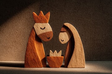 Minimalist wooden nativity scene with abstract carved figures of Mary, Joseph, and baby Jesus on dark background Generative AI