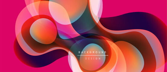Abstract fluid shapes, vibrant colors blend. Dynamic composition creates modern background design. Pink dominates, orange accents present.