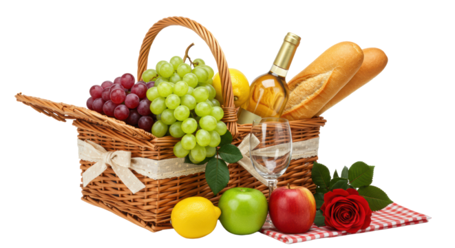 Wicker picnic basket, open, filled with grapes, lemons, green apples, baguette, white wine, red rose, on a transparent studio background with copy space, romantic picnic concept