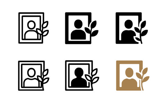 Family Decor Icons. Personalizing home decor with family photos. Set Logo of personalizing home decor with family photos: photo frame with plant decor. Icon