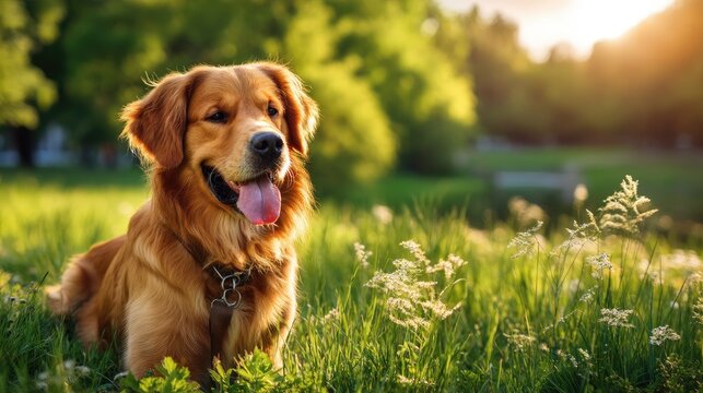 Happy golden retriever sitting on green grass in a sunny park during golden hour with trees in the background - Powered by Adobe