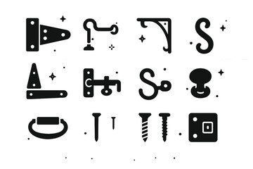 Fototapeta premium Farmhouse Hardware Icons. Farmhouse Porch Hardware. Solid icons set of Farmhouse Porch Hardware: barn door hinge, hook and eye, wrought iron bracket, shutter