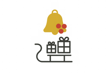 Christmas holiday season icon with golden bell and sled delivering presents, transparent background