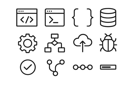 Software Development Icons. Software Development. Line icon set of Software Development: code editor, terminal window, brackets, database icon, gear,