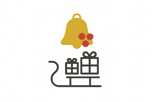 Christmas holiday season icon with golden bell and sled delivering presents, transparent background