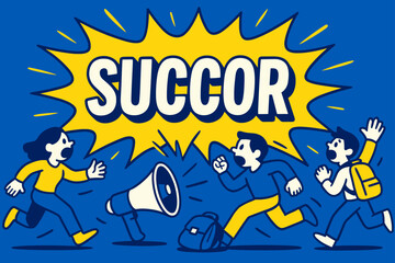 Fototapeta premium Succor Banner Explodes. Prompt Succor banner, flat vector illustration, bold oversized text inside splash explosion banner, cartoon characters running and