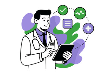 Digital Doctor Consultation. Tech-enabled consultation. A doctor holding a tablet while floating geometric