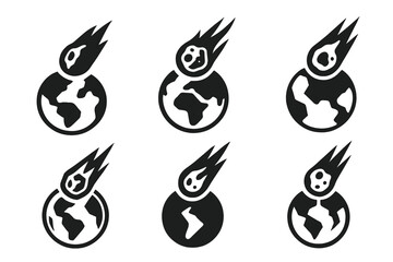 Obraz premium Asteroid Impact Logos. Asteroids and meteor impacts on Earth. Set Logo of asteroids and meteor impacts on Earth: meteorite fragment specimen. Icon set.