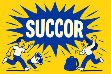 Obraz premium Bold Splash Banner. Prompt Succor banner, flat vector illustration, bold oversized text inside splash explosion banner, cartoon characters running and shouting