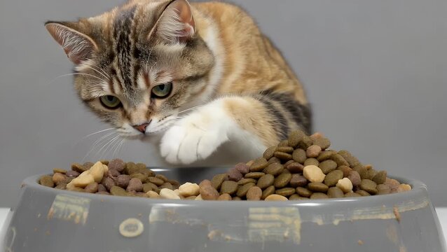 Kibble for Both Dogs and Cats Presented in a Single Bowl Against a Plain Solid Gray Background for Pet Food