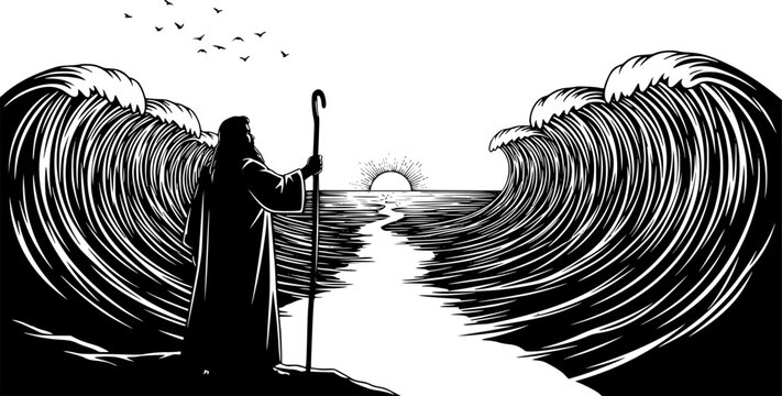 Black Vector Silhouette: Moses Parting the Red Sea A dramatic black vector silhouette depicting Moses standing on a shore with his staff raised, facing the sea,