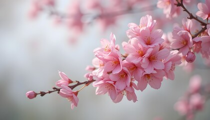 Bright Pink Cherry Blossom Branch on Transparent Background