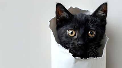 Curious black cat with bright yellow eyes peeping through torn paper hole on white background. Playful feline portrait showing mischievous behavior and natural hunting instinct.