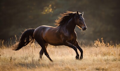 Majestic brown horse galloping freely through golden autumn meadow at sunset, mane flowing in the wind. Perfect for equestrian themes.