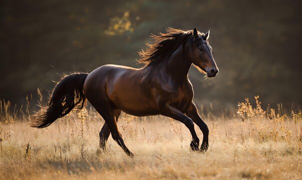 Majestic brown horse galloping freely through golden autumn meadow at sunset, mane flowing in the wind. Perfect for equestrian themes.