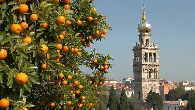 View of a Famous Ornate Architectural Tower Seen Through a Lush Grove of Orange Trees with Vibrant Fruits and Green Leaves framing the