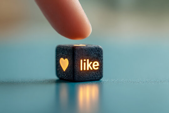 Finger about to press illuminated black cube with glowing heart and like symbol representing social media engagement and online approval interactions