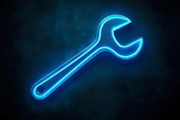 Glowing blue neon wrench silhouette against dark textured background, symbolizing repair services or mechanical maintenance.