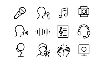Vocal Performance Icons. Vocal Performance. Line icon set of Vocal Performance: microphone, singer silhouette, music notes, stage light, vocal warmup, sound
