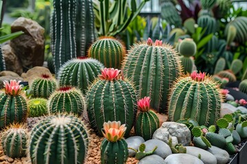 Fototapeta premium Blooming barrel cactus garden with pink flowers growing in sandy soil among decorative rocks, surrounded by diverse desert plants and succulents in greenhouse setting.