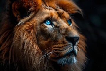 Fototapeta premium Majestic lion with striking blue eyes and rich brown mane gazing upward against dark background, dramatic lighting highlights facial features and fur texture.