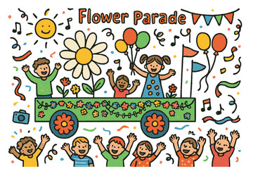Fototapeta premium Vibrant Flower Parade. Flower parade. Colorful Hand-drawn doodle Children illustration Flower parade decorated float, garlands, crowd cheering, music notes,