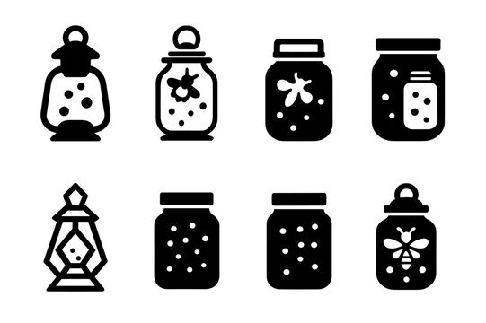 Firefly Lantern Logos. Catching fireflies. Set Logo of catching fireflies: lantern and jar duo. Icon set. harmonious logo variations of the same emblematic