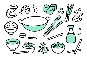 Vibrant Asian Cuisine Icons. // Asian cuisine. Hand-drawn doodle illustration Asian cuisine [wok pan (accented), chopsticks (accented), rice bowl, soy sauce