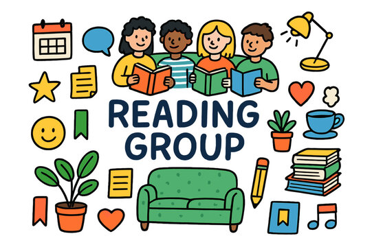 Cozy Reading Group. Reading group. Colorful Hand-drawn doodle Children illustration Reading group books, people chatting, tea cup, stack of novels, smiley