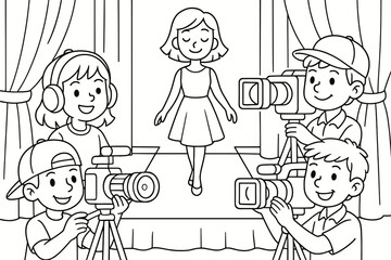 Camera Crew Coloring. Camera crew children?s coloring book illustration, outlined drawing, friendly