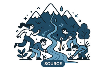 Fototapeta premium Mountain Stream Origins. River Ecosystem ? Headwaters. Snowmelt drips from mountain peaks; narrow blue lines converge into a young stream. Label ?source? glows