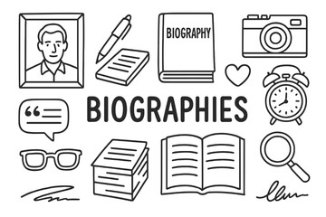 Biographies Doodle Icons. Biographies. Hand-drawn doodle illustration biographies portrait frame, pen, notebook, book cover, open page, calendar, camera,