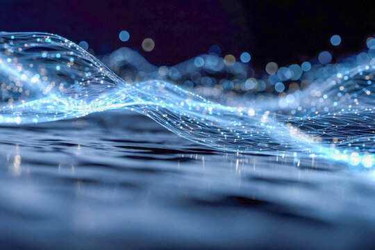 Visualization of glowing blue digital waveforms and interconnected light points flowing dynamically over a dark futuristic background with bokeh effects