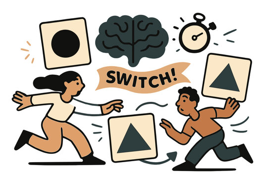 Dynamic Cognitive Puzzles. Cognitive flexibility puzzles. Cards flip between shapes and colors as a timer twinkles; ?Switch!? ribbon nudges quick pivots. A