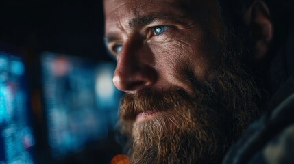 Night shift guardian: protecting digital frontiers in darkness. True vision. Vigilant cybersecurity: a specialist's nightly data analysis. Authentic moment. Real moment.