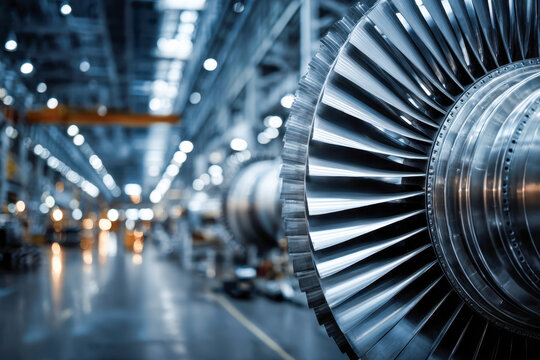 Detailed view of a metallic turbine engine blade in an industrial manufacturing facility with blurred background and modern lighting effects
