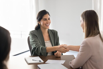 Two businesswomen shaking hands starting or accomplishing group meeting