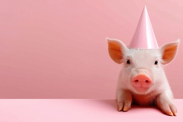 Cute piglet pet with party hat on pink table background . Generative Ai