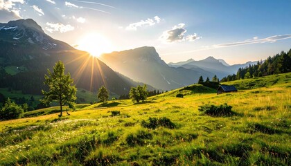 Lush Green Meadow with Distant Mountains and Cabin Bathed in Golden Sunset Light