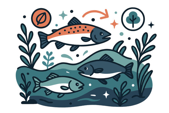Dynamic River Ecosystem. Ecology. River ecosystem with fish, plants, and abstract floating icons and sparkles; conveys aquatic life, environmental awareness,
