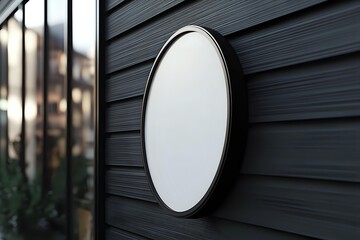 Round white blank sign with black frame mounted on dark wooden wall exterior, ready for custom text or logo design.