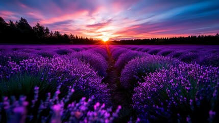 Naklejka premium Vibrant purple lavender field at sunset with dramatic colorful sky and sun rays over forest silhouette, creating atmospheric rural landscape.