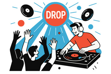Vinyl Vibes. DJ turntable ? Crowd energy. Audience silhouettes lift hands as light beams radiate; vinyl disks orbit like planets. A floating word ?DROP? glows