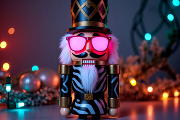 Nutcracker figurine in zebra print jacket with neon lights. Stylish Nutcracker toy with sunglasses and modern pattern. Trendy Nutcracker fashion figurine in black and white.