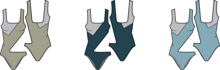 Fashionable one-piece swimsuits with a modern geometric design in three distinct color palettes, showcasing stylish swimwear options