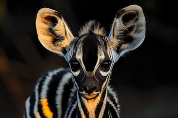 Close up portrait of young striped antelope with large ears against dark background, showing detailed facial features and distinctive markings in dramatic lighting.