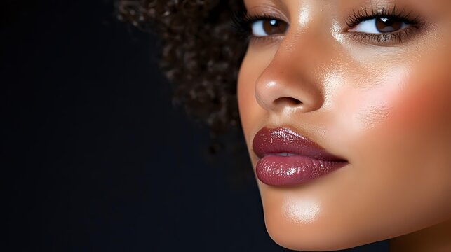 Close-up portrait of young Black woman with curly hair, glowing skin, and glossy burgundy lips against dark background. Perfect for beauty and cosmetic advertising.
