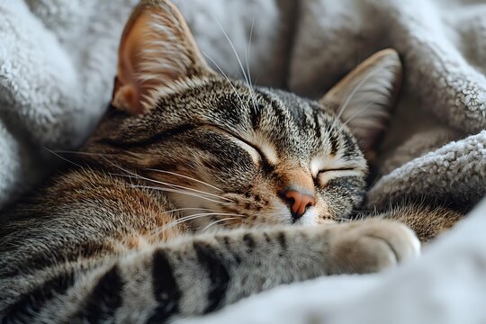 Tabby cat sleeping peacefully wrapped in soft gray blanket, close-up portrait showing relaxed feline face and paw.