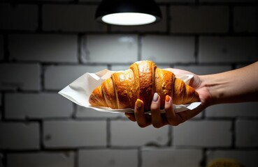 Obraz premium Fresh croissant held by a hand on a paper wrapper against a dark brick wall background